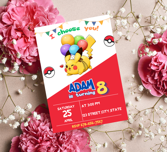 Pikachu Red Pokémon Birthday Invitation | Bold Party Invite | Editable Digital Template