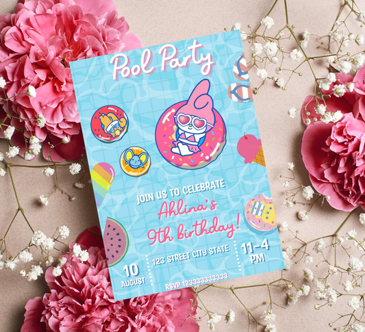 My Melody Pink Pool Birthday Invitation | Kawaii Summer Party Invite | Editable Template | Cute Sanrio Pool Party Birthday