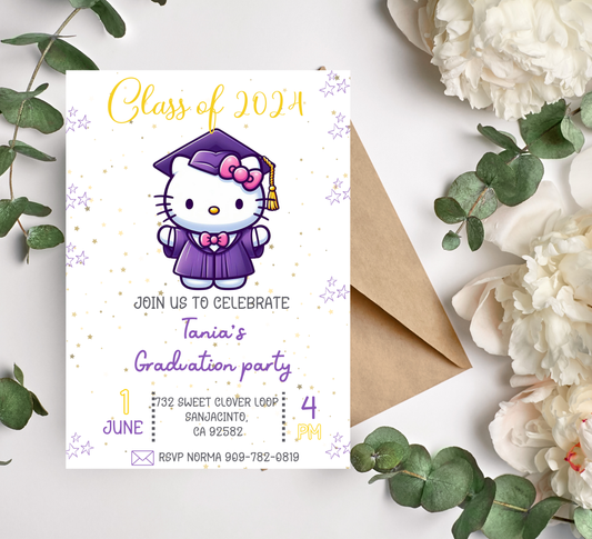 Hello Kitty Purple Graduation Invitation | Kindergarten & Preschool School Invite | Editable Canva Template |