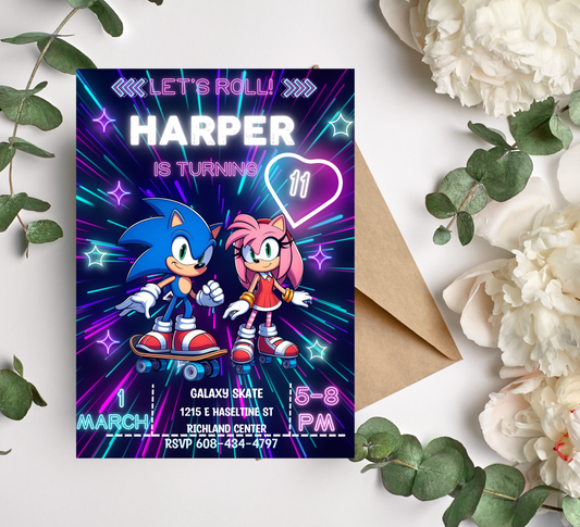 Sonic Shadow Amy Roller Skating Invite | Cute Neon Glow Rink Birthday Canva Template