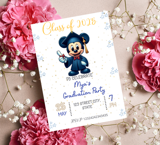 Mickey Mouse Blue Graduation Invitation | School & Kindergarten Template Editable Canva Template | Pink Minnie Party Printable
