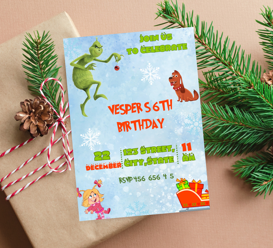 Grinch Grinchmas Birthday Invitation | Green Christmas Party Invite | Editable Holiday Template