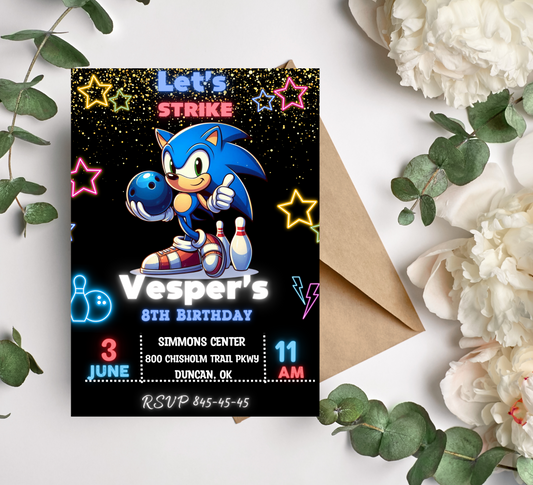 Sonic Neon Bowling Invitation | Glow Party Birthday Invite | Editable Digital Download