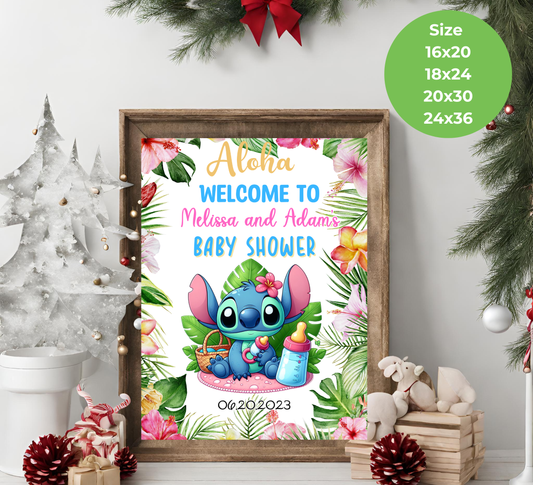 Stitch Aloha Baby Shower Welcome Sign | Tropical Hawaii Baby Shower Decor | Editable Canva Template | Ohana Welcome Poster Printable