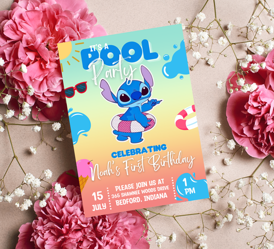 Stitch Pool Blue Birthday Invitation | Summer Swim Party | Editable Canva Template