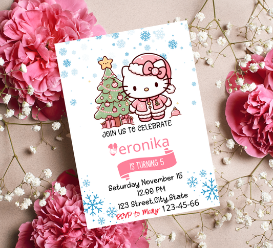 Hello Kitty Pink Winter Christmas Birthday Invitation | Cute Holiday Birthday Invite | Editable Canva Template | Printable Girl’s Winter Wonderland Party