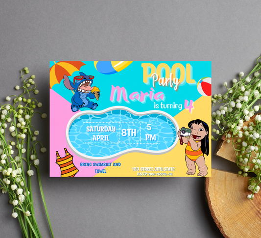 Stitch & Lilo Pool Birthday Invitation | Tropical Summer Party | Editable Digital Invite