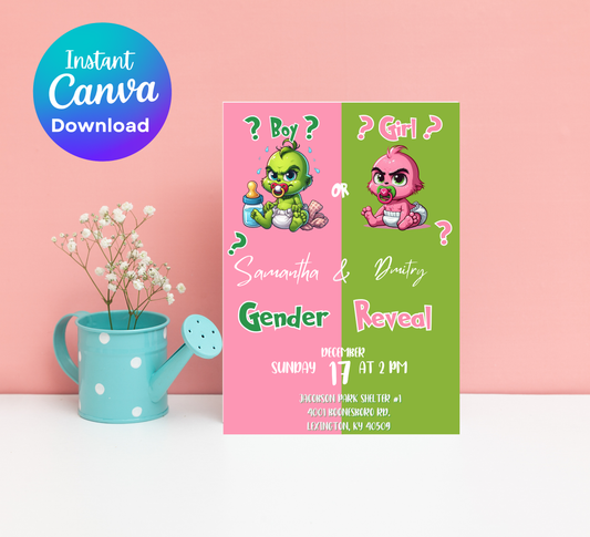 Grinch Pink & Green Christmas Gender Reveal Invitation | Cute Holiday Reveal | Editable Template