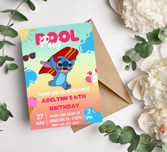 Stitch Surf Pool Birthday Invitation | Tropical Surfing Swim Party | Editable Canva Template