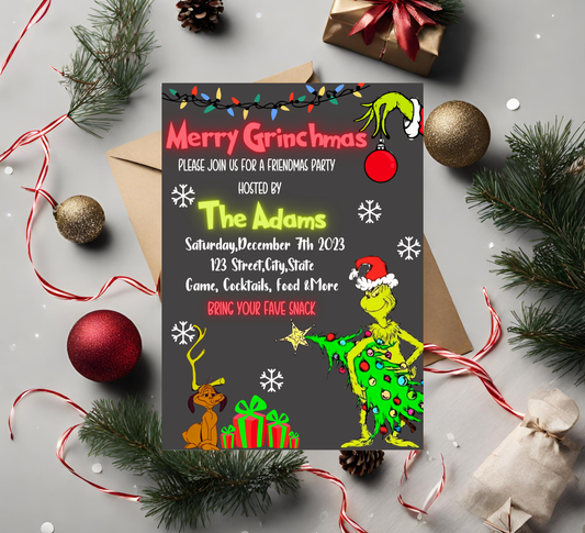 Grinch Merry Grinchmas Neon Party Invitation | Bright Christmas Invite | Editable Template