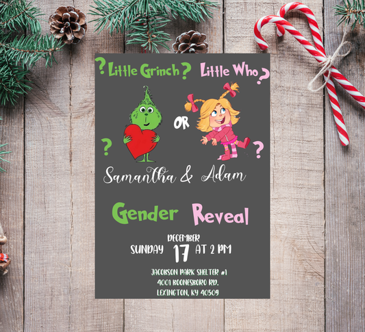 Grinch & Cindy Lou Christmas Gender Reveal Invitation | Pink & Green Holiday Reveal | Editable Template