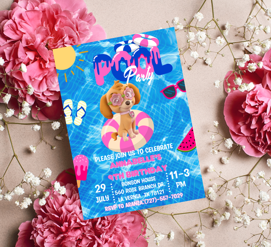 PAW Patrol Skye Pool Birthday Invitation | Pink Summer Splash Party | Editable Digital Template