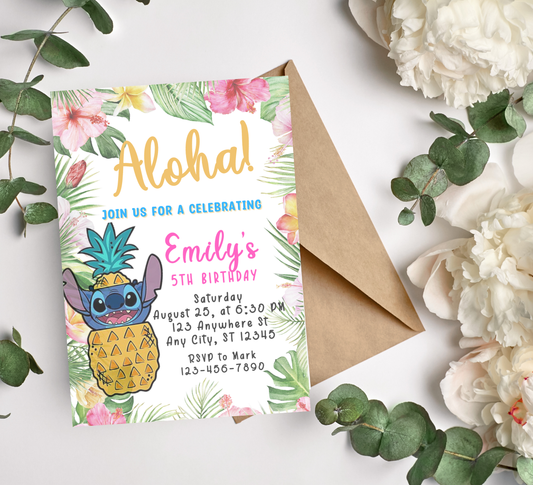 Stitch Aloha Tropical Hawaii Birthday Invitation | Luau Party Invite | Editable Template
