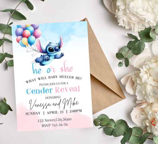 Stitch With Balloons Gender Reveal Invitation | Cute Baby Reveal Party | Editable Canva Template