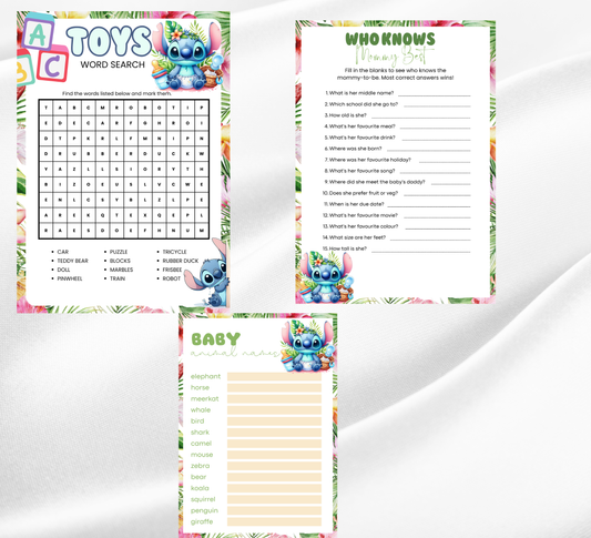 Stitch Baby Shower Tropical Ohana Games Bundle | Printable Hawaii Party Games| Editable Canva Template | Ohana Means Family Baby Shower Activities | Tropical Puppy & Angel Game Set