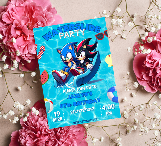 Sonic the Hedgehog & Shadow Waterslide Pool Birthday Invitation | Editable Canva Template | Kids Summer Party Invite | Printable Birthday Invitation