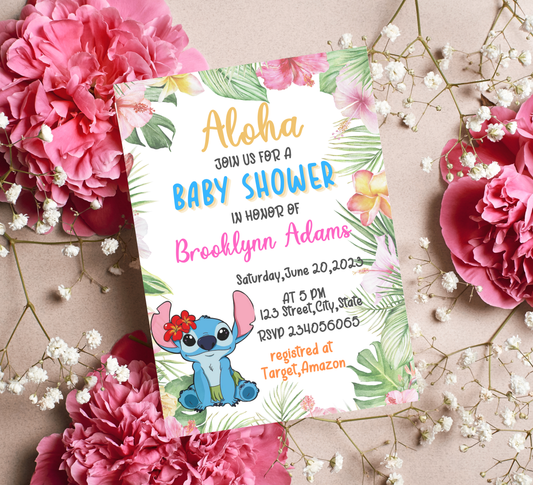 Stitch Baby Shower Aloha Hawaii Invitation | Tropical Girl or Boy Baby Shower | Editable Template