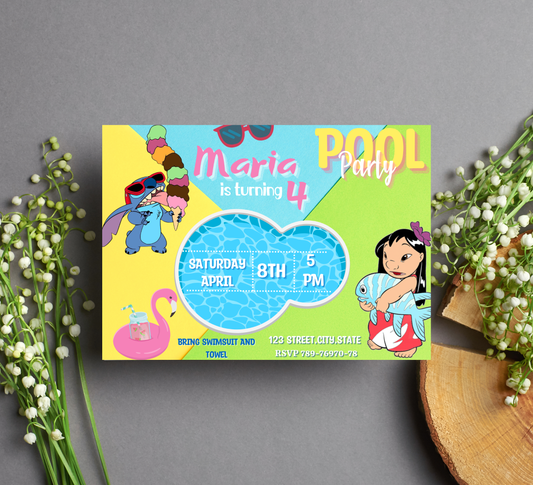 Stitch and Lilo Green Pool Birthday Invitation | Tropical Summer Swim Party | Editable Canva Template
