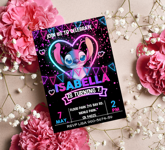 Stitch and Angel Neon Glow Birthday Invitation | Editable Canva Template | Kawaii Glow Party Invite | Cute Neon Birthday