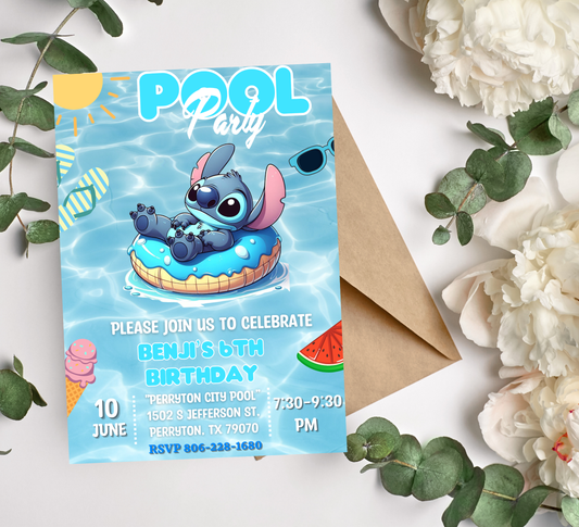 Stitch Blue Swim Ring Pool Birthday Invitation 💙🛟 | Summer Swim Party | Editable Digital Template