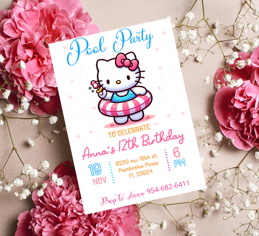 Hello Kitty Flower Pool Birthday Invitation ๐ธ๐๐ฆ | Floral Summer Swim Party | Editable Canva Template
