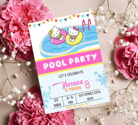Hello Kitty Retro Watercolor Pool Birthday Invitation | Summer Swim Party | Editable Canva Template