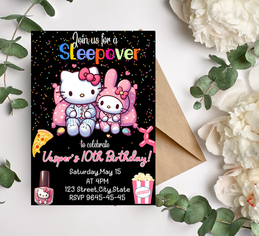 Hello Kitty & My Melody Neon Sleepover Birthday Invitation | Kawaii Slumber Party Invite | Editable Canva Template | Glow Party Birthday Invitation