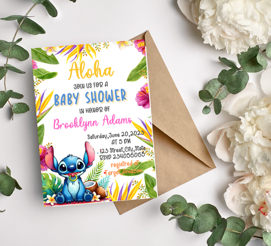 Stitch Aloha Tropical Baby Shower Invitation | Ohana Baby Shower Invite | Editable Canva Template | Tropical Gender Neutral Baby Shower