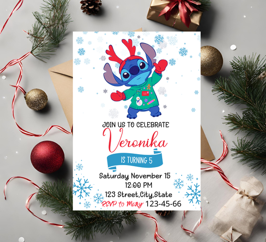 Stitch Christmas Birthday Winter Invitation | Holiday Party Invite | Editable Template