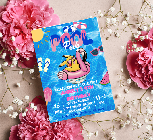 Pikachu Pokémon Pool Birthday Invitation | Summer Splash Party | Editable Digital Template