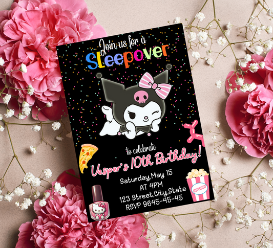 Kawaii Kuromi Neon Sleepover Birthday Invitation | Slumber Party Invite | Editable Canva Template | Cute Glow Party Printable
