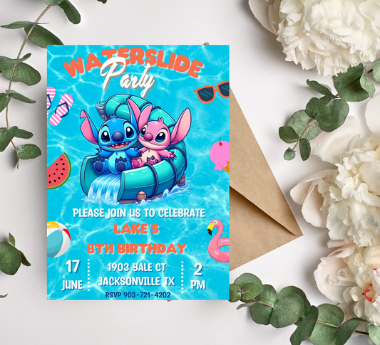 Stitch & Angel Waterslide Pool Birthday Invitation | Editable Canva Template | Cute Kawaii Summer Swim Party Invite | Printable Kids Birthday Invitation