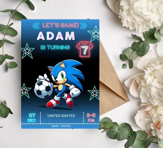 Sonic Neon Football Birthday Invitation | Glow Sports Party Invite | Editable Canva Template | Sonic the Hedgehog Football Birthday Invitation