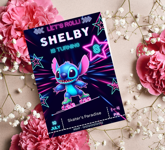 Stitch Neon Roller Skating Birthday Invitation | Editable Canva Template | Kawaii Glow Party Invite | Printable Kids Birthday Invitation