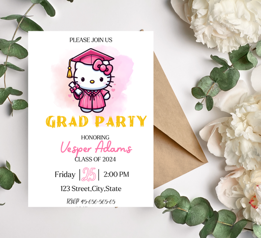 Hello Kitty Graduation Invitation | Kindergarten & School Celebration | Editable Canva Template