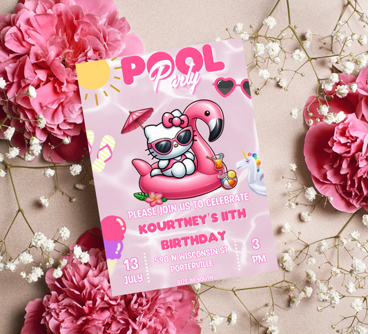 Hello Kitty Pool Flamingo Pink Birthday Invitation | Editable Canva Template | Summer Swim Party Invite | Printable Girls Birthday Invitation