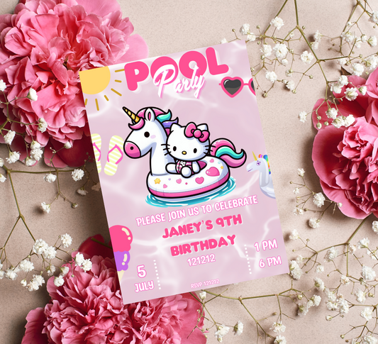 Hello Kitty Unicorn Pool Birthday Invitation | Editable Canva Template | Kawaii Summer Swim Party Invite | Printable Girls Birthday Invitation
