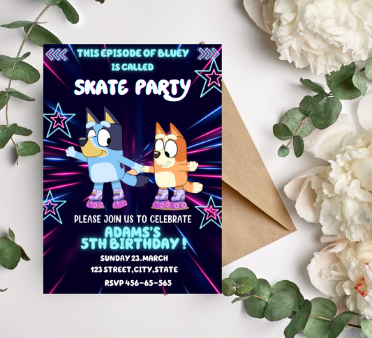Bluey Neon Roller Skating Birthday Invitation | Editable Canva Template | Glow Party Skate Invite | Printable Kids Birthday Invitation
