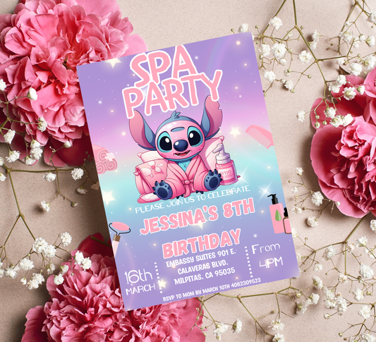 Stitch Sleepover Birthday Invitation – Pink & Purple Spa & Pajamas Party – Editable Canva Template – Kawaii Slumber Party Invite – Cute Tropical Pajama Bash – Instant Download