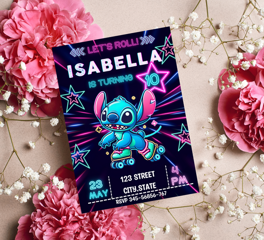 Stitch Neon Roller Skating Birthday Invitation | Glow Party Invite | Editable Canva Template | Blue Neon Skate Party Birthday Invitation
