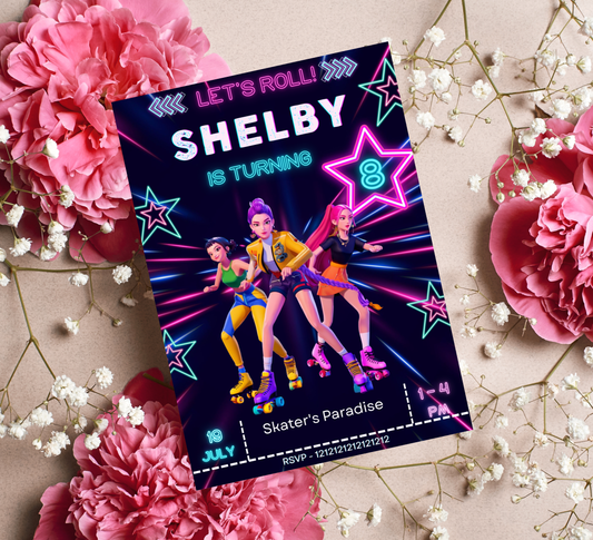K-Pop Demos Neon Roller Skating Birthday Invitation | Glow Party Skate Invite | Editable Canva Template | K-Pop Birthday Printable