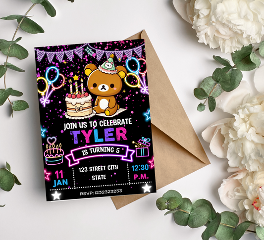 Rilakkuma Kawaii Neon Birthday Invitation | Cute Glow Party Invite | Editable Canva Template | Neon Bear Birthday Printable