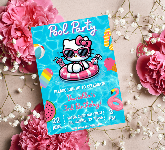 Hello Kitty Pool Blue Birthday Invitation | Editable Canva Template | Kawaii Summer Swim Party Invite | Printable Girls Birthday Invitation