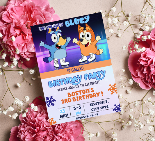 Bluey Ice Skating Winter Birthday Invitation | Editable Canva Template | Frozen Snow Birthday Party Invite | Printable Kids Winter Invitation