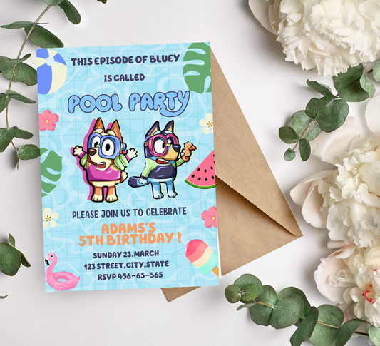 Bluey Pool Birthday Invitation | Summer Swim Party Invite | Editable Canva Template