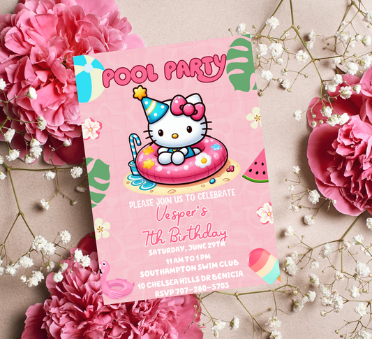 Hello Kitty Pool Pink Birthday Invitation | Editable Summer Pool Party Invite for Girls | Cute & Customizable Hello Kitty Template