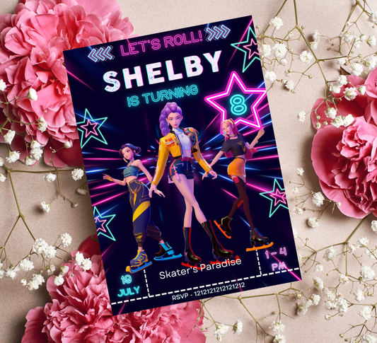 K-Pop Demon Hunters Ice Skating Invitation | Anime Aesthetic Party Invite | Editable Canva Template | Cyber Ice Skating Birthday
