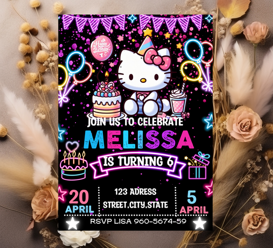 Hello Kitty Neon Birthday Invitation | Editable Glow Party Invite | Kawaii Girls Birthday Printable Template