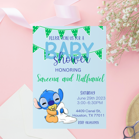 Stitch Blue Baby Shower Invitation | Editable Canva Template | Boy or Gender-Neutral Baby Shower Invite | Printable Baby Shower Invitation