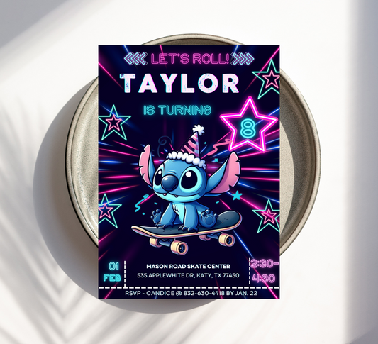 Stitch Neon Roller Skating Birthday Invitation | Glow Party Skating Rink Invite | Editable Canva Template | Cute Kawaii Stitch Birthday Invitation